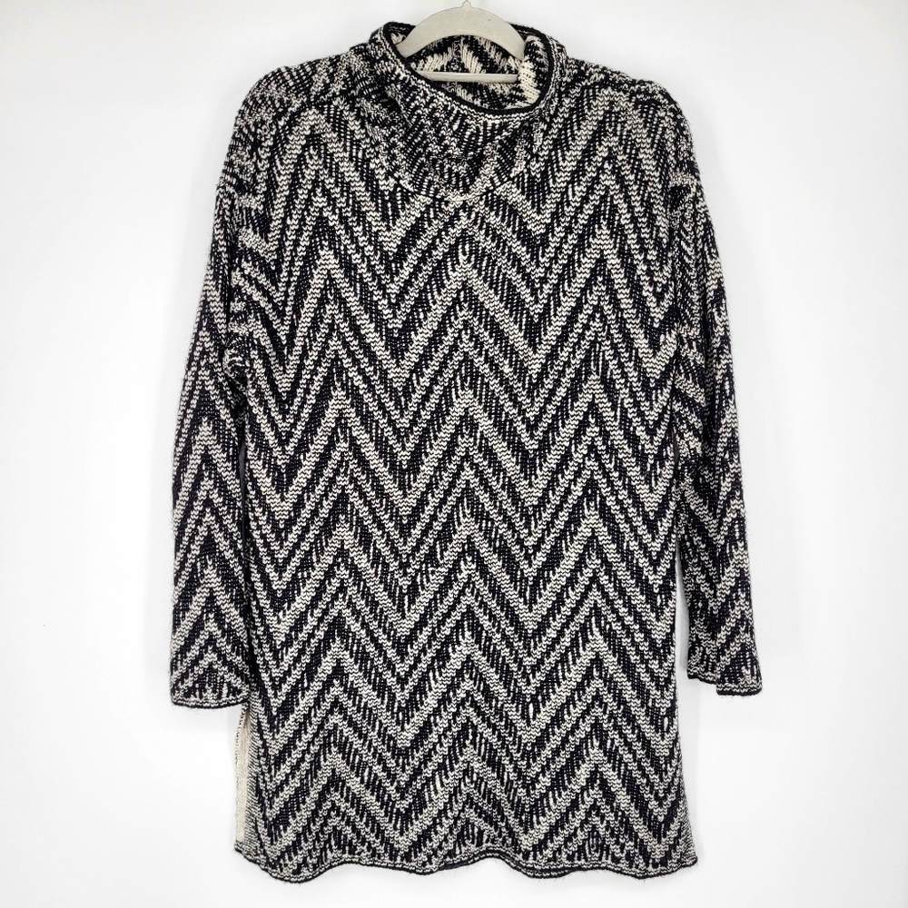 Eileen Fisher Organic Cotton Alpaca Zigzag Knit Pullover Sweater Mock Neck Small